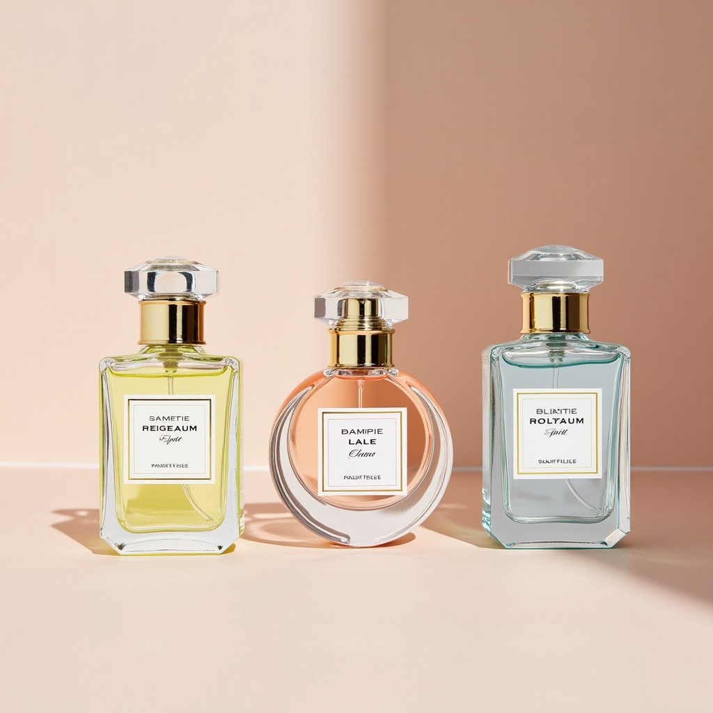 An attractive display of three perfume bottles. Elegant designs with labels. Soft, pastel background and natural lighting.