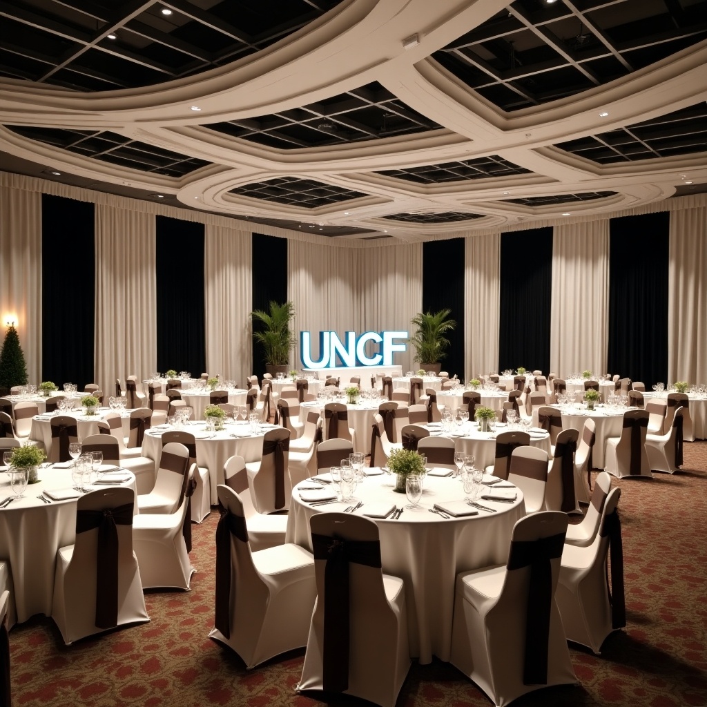 The image showcases a large, elegant banquet space. Tables are adorned with white shimmering tablecloths and feature black and white draping around the room. Standing out in the background are 5-foot tall illuminated letters spelling 'UNCF'. The venue is well-lit, creating a sophisticated atmosphere suitable for upscale events. This setting is ideal for fundraising galas, corporate gatherings, and other formal occasions.