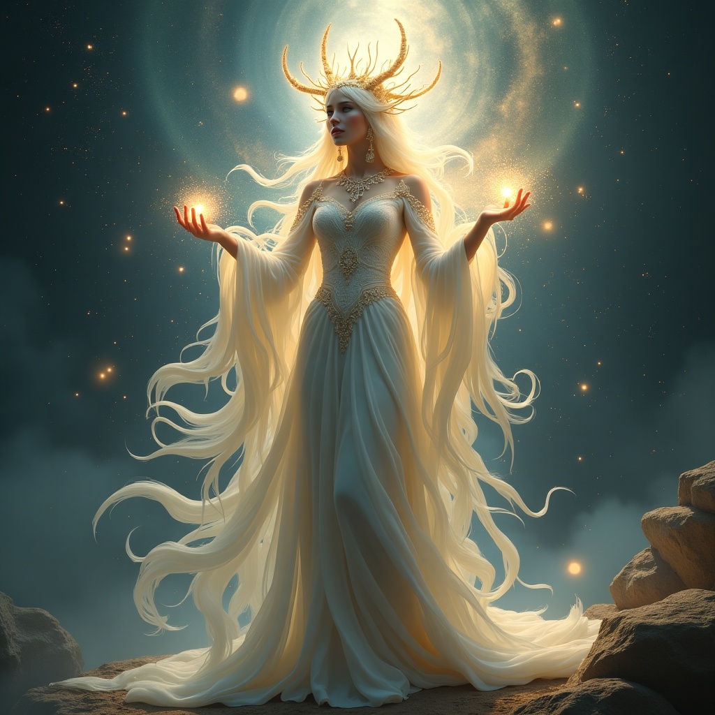 A sacred creature with long hair and a flowing gown of white. Energy glowing in her hands. Surrounded by a celestial background. Intricate details in an epic dramatic setting. Digital realistic style with global illumination.