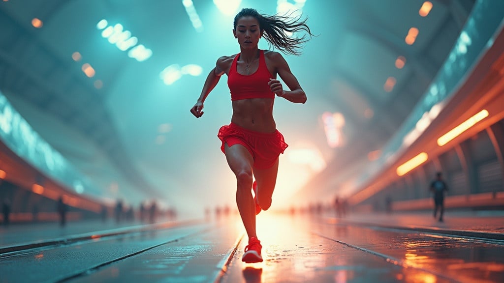 Sport photograph showcases a runner in a futuristic environment. Dynamic and powerful pose during daytime. Dramatic lighting enhances body contours. Highly detailed image focusing on athleticism. Vibrant colors highlight the runner's physique.