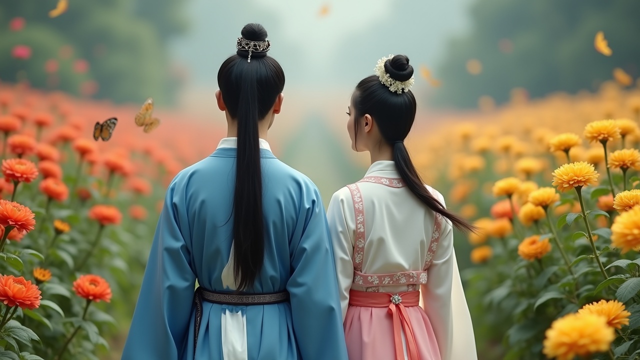 The image features two women in traditional East Asian attire, standing in a vibrant flower field. They are positioned back-to-back, gazing at the rows of colorful flowers. The woman in blue and the one in pink evoke a sense of harmony and friendship. Butterflies flutter around them, adding to the enchanting atmosphere. The soft lighting creates a dreamlike quality, enhancing the beauty of the scene. The flowers in orange and yellow contrast with the cool tones of their clothing, making the image visually striking.