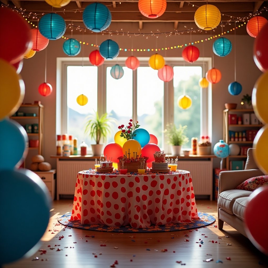 Colorful party decorations in a cozy room. Round table with a polka-dotted tablecloth surrounded by balloons. Lanterns hanging from the ceiling. Natural light from the window illuminates the space.