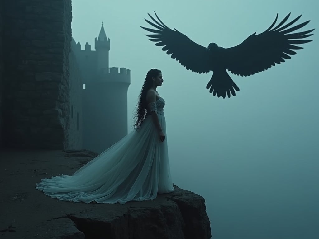 The image depicts a mysterious woman standing on the edge of a cliff, overlooking a foggy landscape. She wears an elegant, flowing white dress that contrasts with the dark atmosphere. Above her, a large eagle soars, adding a sense of wonder and freedom to the scene. In the background, a castle emerges faintly through the mist, enhancing the mystical feel. The color palette is dominated by soft grays and blues, creating an ethereal ambiance that captivates the viewer's imagination.