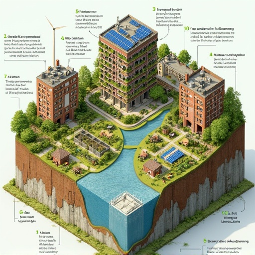 Isometric illustration of a sustainable city. Features vertical farms and solar panels. Includes wind turbines and a circular food system. Depicts natural water filtration systems and agroforestry. Displays diverse housing styles. Watercolor style with Dutch text labels describing elements.