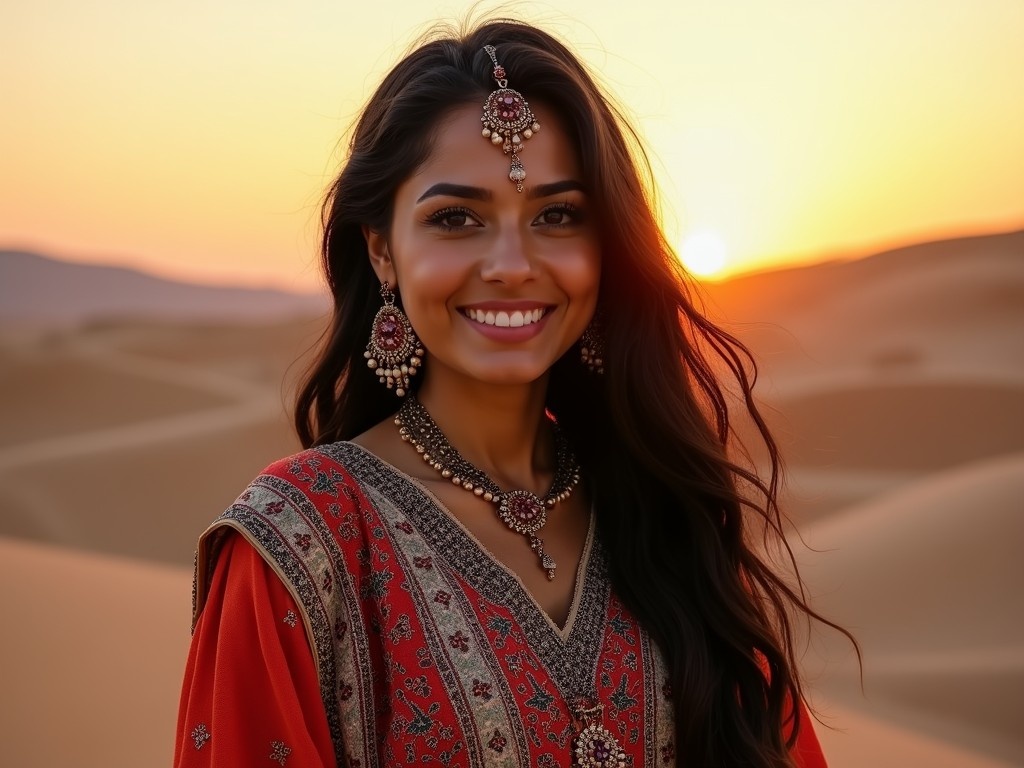 A woman adorned in traditional jewelry poses gracefully against the backdrop of a desert at sunset. Her vibrant red and gold attire contrasts beautifully with the warm hues of the setting sun. The golden light casts a soft glow over the scene, enhancing the richness of the colors and the delicate details of her jewelry and clothing.