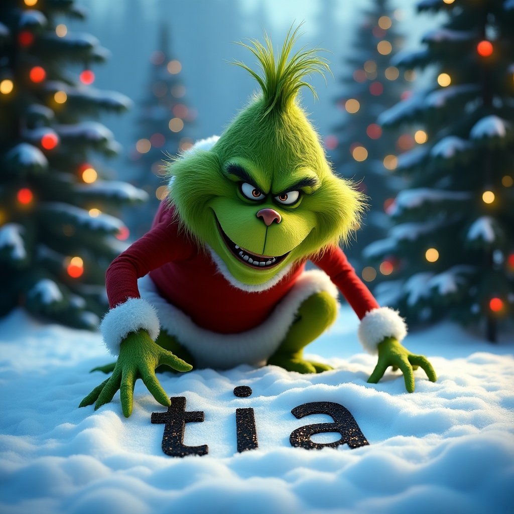 The Grinch outside in snow with Christmas trees around. The Grinch writes the name tia in the snow.