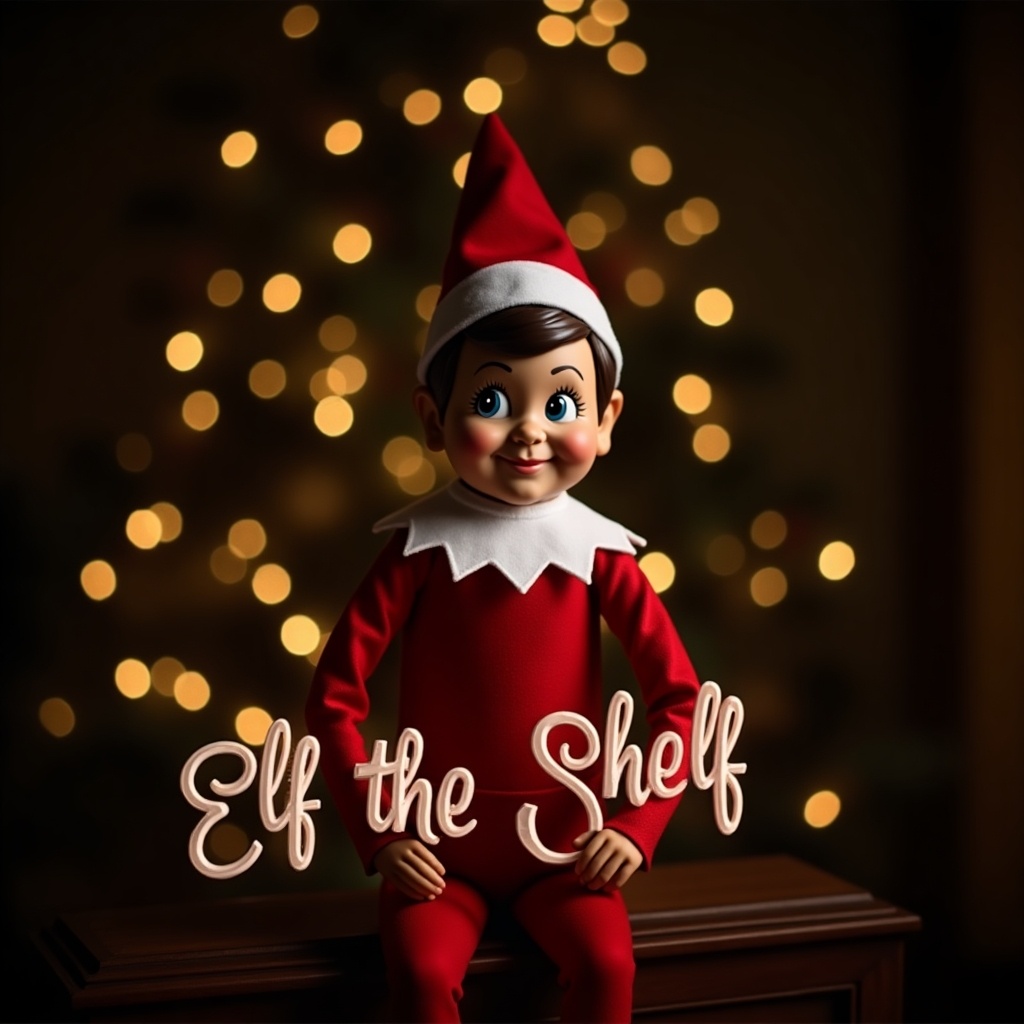 This image features an elf on the shelf character dressed in traditional red and white attire. The background is dark, enhancing the soft, warm glow of the lights and text. This scene creates a festive atmosphere that's full of holiday joy. The elf's expression conveys cheer and excitement, embodying the spirit of Christmas. This evokes feelings of magic and celebration, perfect for the holiday season.