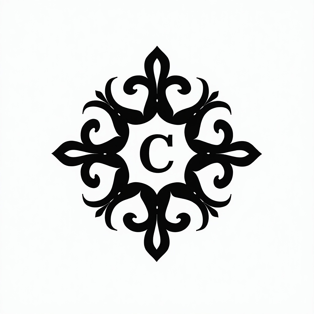 This image features a black and white logo designed for 'Agent C', an AI company. The logo is intricate and symmetrical, highlighting stylized geometric shapes. At the center is the letter 'C', surrounded by detailed shapes that create a visually balanced pattern. The combination of black on a white background emphasizes elegance and modernity. This logo serves as a strong representation for a technology-focused business.