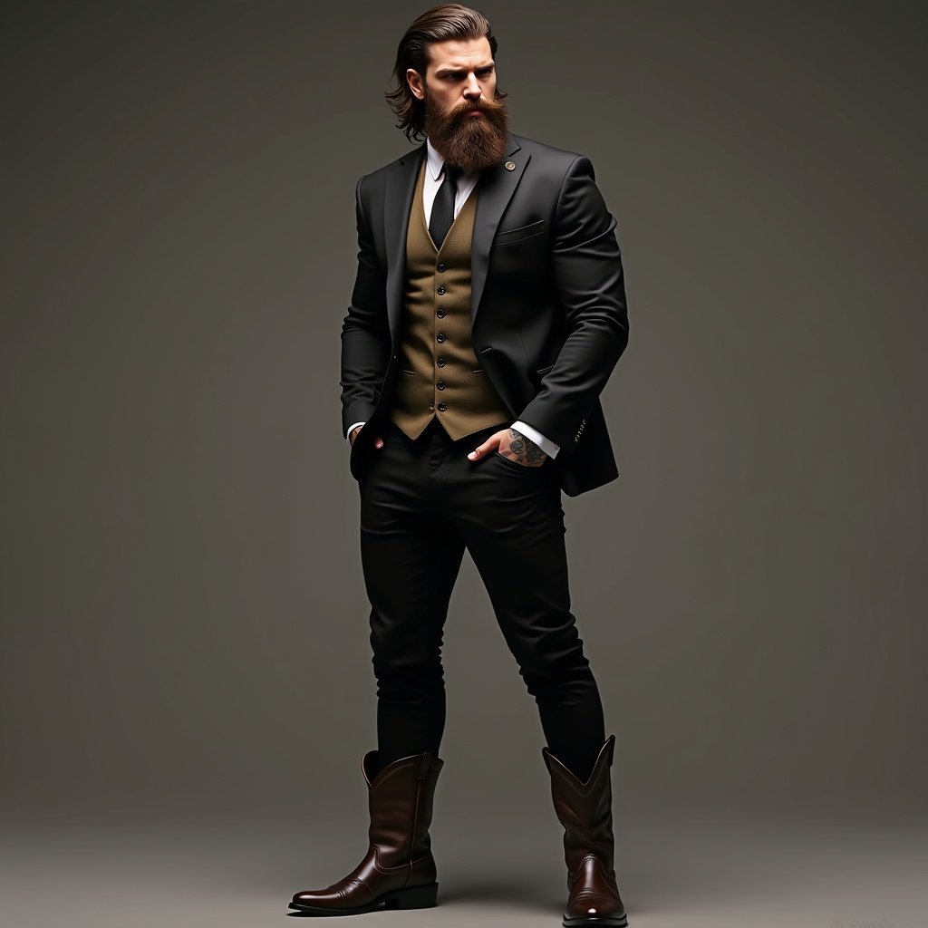 A tall muscular man stands confidently wearing a vest over a long sleeve button-up shirt and black slacks. He has cowboy boots on. The background is simple and highlights his outfit.