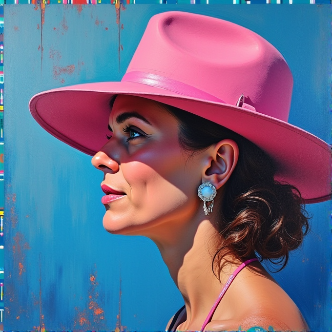 A woman in profile wearing a striking pink hat and bold earrings against a vibrant blue background.