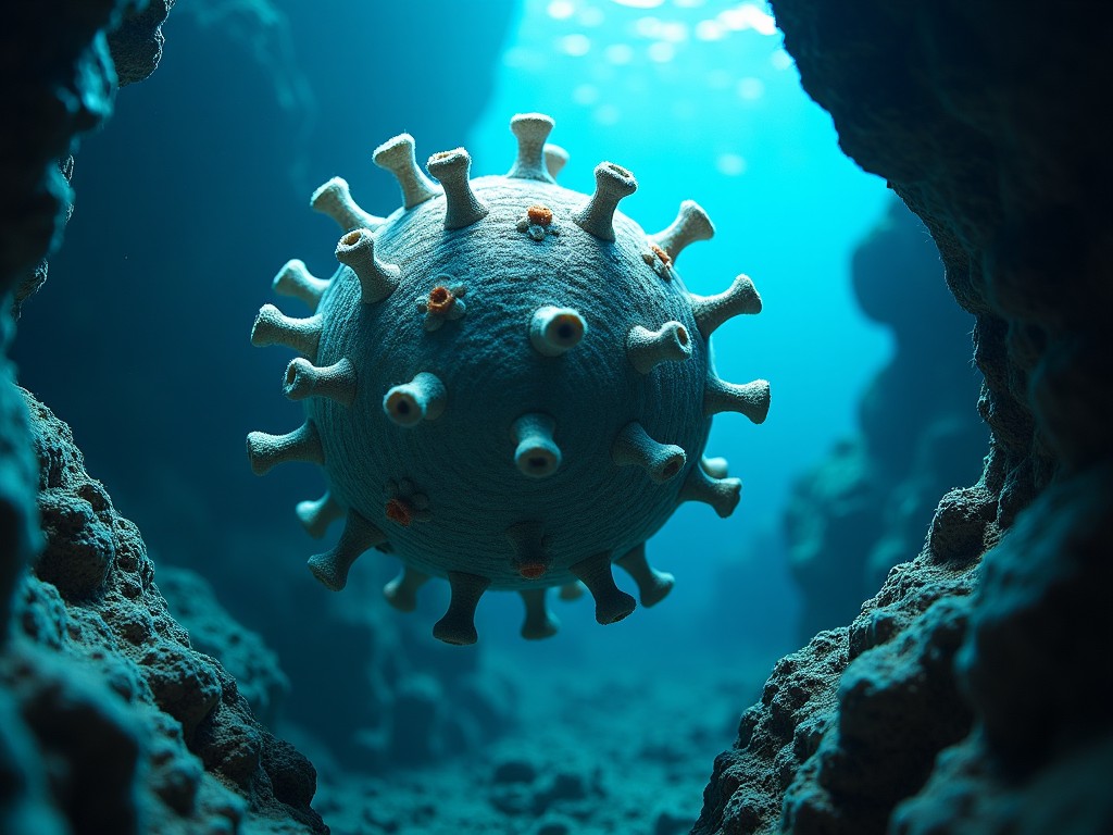 A virus-like, yarn-wrapped sphere drifts underwater amid rocky formations. The scene is set with soft lighting, giving an ethereal look to the underwater world. The blue and cyan hues create a calm atmosphere contrasting with the scientific subject matter. The rocky formations frame the scene, enhancing the focus on the unique virus figure. This imagery combines marine life with microbiology, making it both visually interesting and educational.