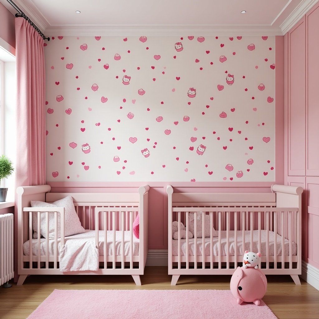 A nursery designed for two baby girls with a Hello Kitty theme. The room features two pink cribs positioned side by side. The walls showcase a playful Hello Kitty wallpaper pattern in pink and white. Soft furnishings in pink complete the room's decor. Natural light filters in through large windows.