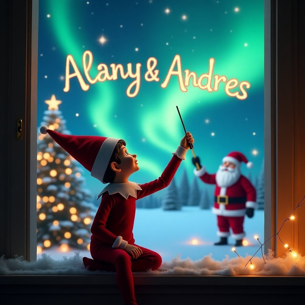 In a cozy room, an elf on the shelf sits with his back to us, gazing up at the sky. He is holding a magic wand, using it to elegantly write 'Alany & Andres' in the air. Outside the window is a breathtaking Christmas scene, featuring vibrant Northern Lights illuminating the night sky. In the background, Santa Claus can be seen cheerfully waving at the elf. The room is adorned with holiday decorations and a beautifully lit Christmas tree. It captures the enchanting spirit of Christmas and the joy of the season.