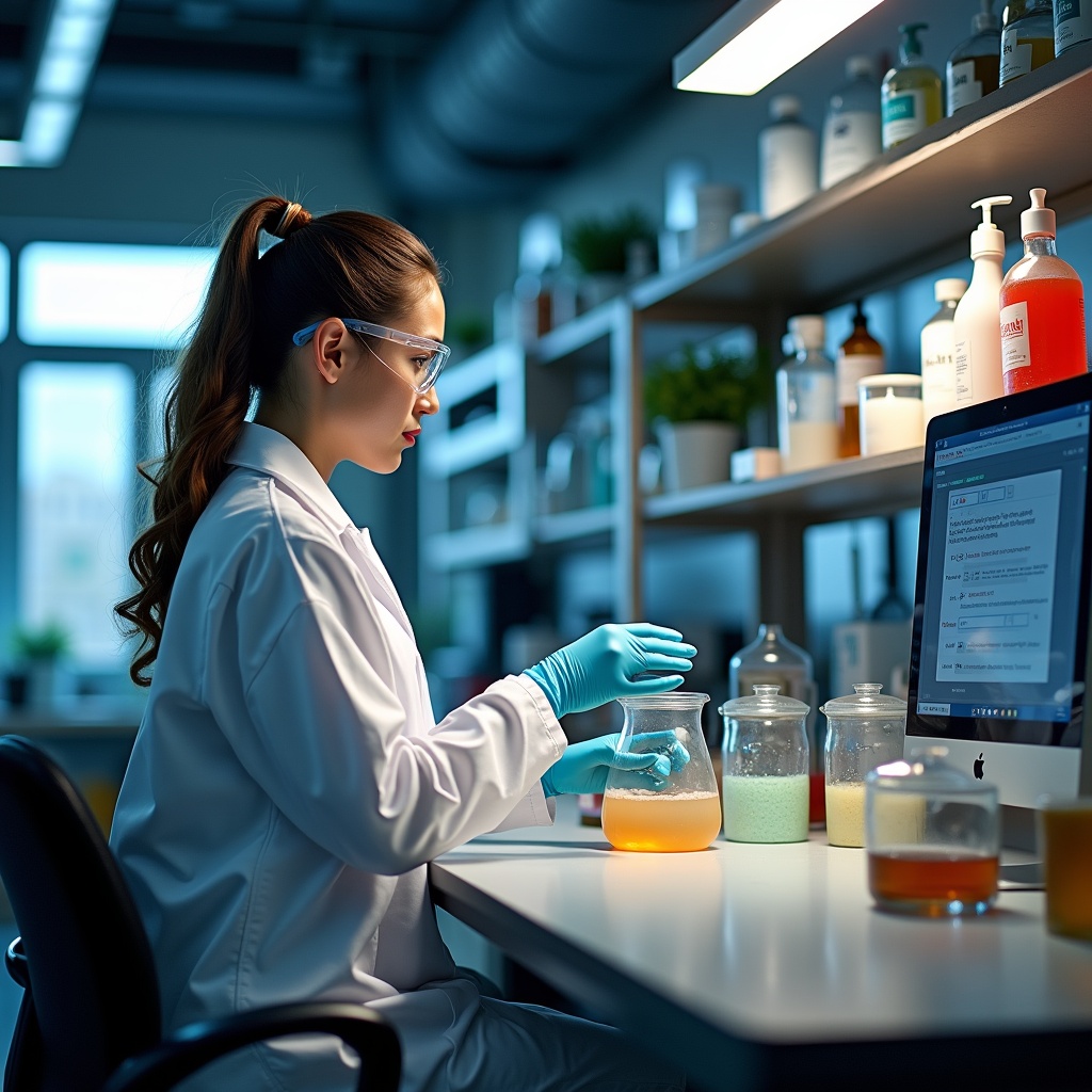 In a modern laboratory, a scientist is creating a new shampoo formula. Wearing a lab coat and safety goggles, the researcher carefully measures ingredients in various beakers. The lab is brightly lit with overhead lights, highlighting the colorful bottles and jars arranged on the shelves. A computer screen displays the formulation with detailed measurements and chemical components. The environment is lively, filled with the hum of machines and a pleasant scent of essential oils wafting through the air.