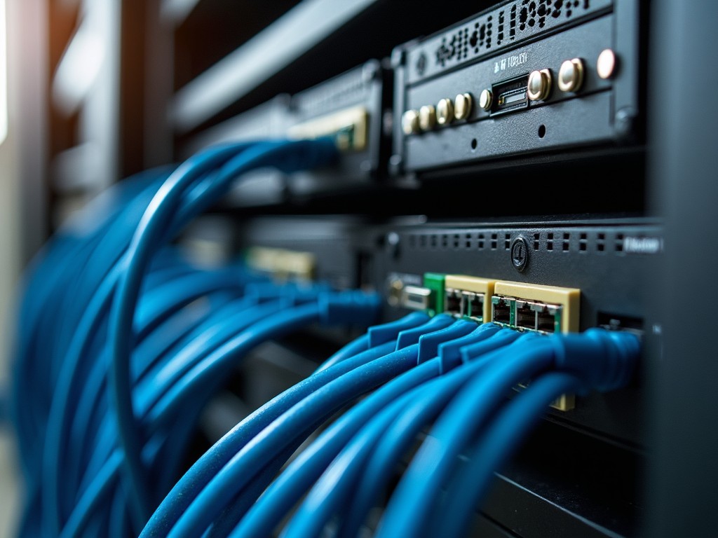 This image features a close-up view of a server rack filled with vibrant blue cables connected to various network devices. The focus is on the intricate arrangement of the connections and the sleek design of the equipment. Soft lighting creates a modern and technical ambiance, highlighting the importance of networking in today's digital world. This scene portrays a typical setup in IT and telecommunications environments. It serves as a visual representation of the backbone of internet connectivity and data management.