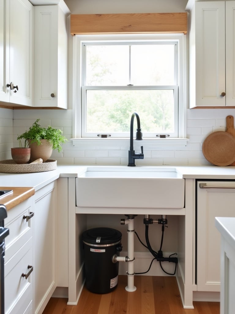 Cozy modern kitchen showcases white cabinetry and a large farmhouse sink. Warm wooden elements add charm. A garbage disposal unit is visible under the sink along with plumbing and water lines for the faucet.