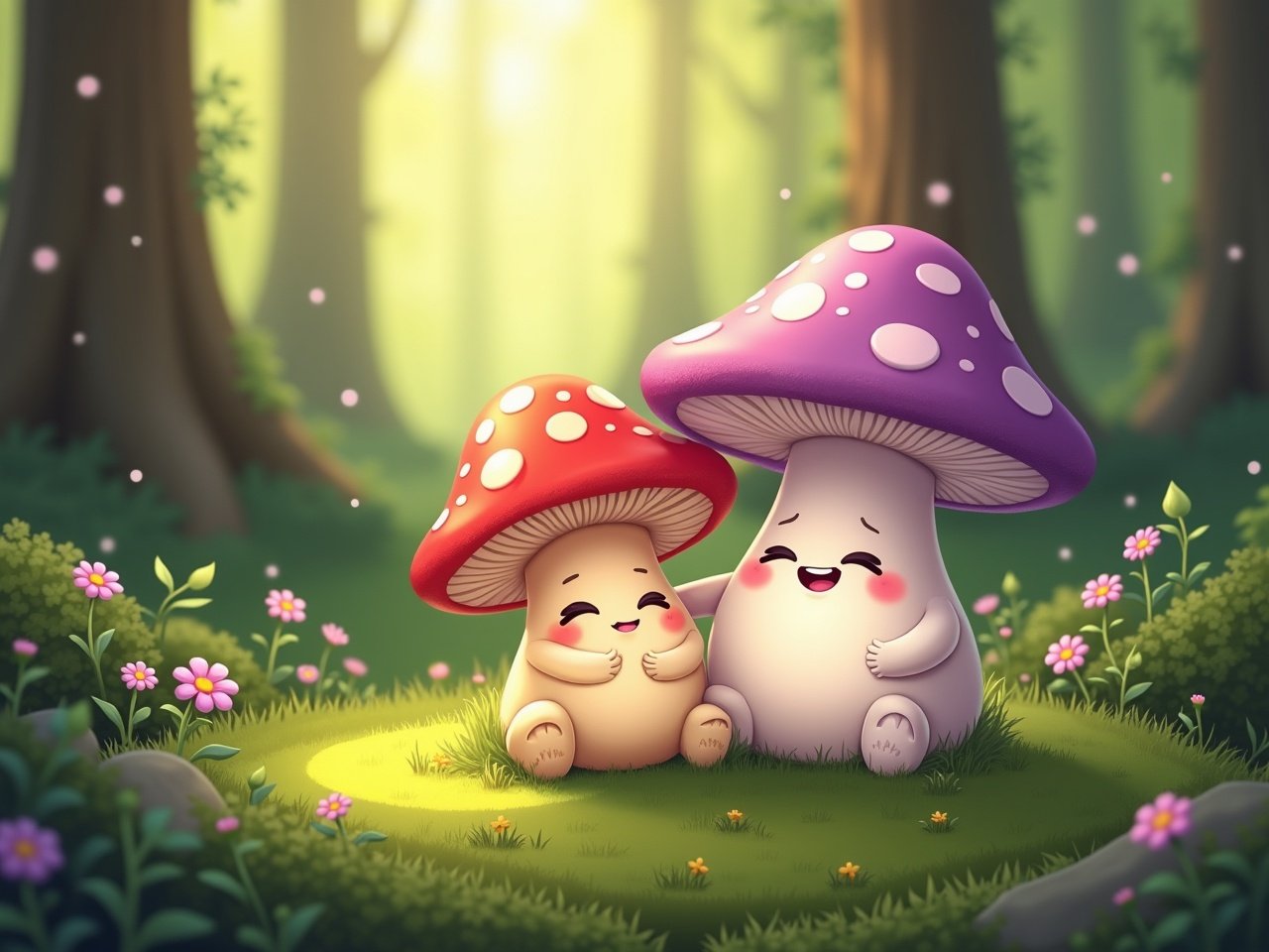 The image features two cute, cartoonish mushrooms sitting in a lush forest. One mushroom is small and red with white spots, while the other is larger and purple with white spots. They are smiling and appear to be enjoying each other's company in a magical, soft-lit environment. The background is filled with tall trees and a variety of small flowers, creating a whimsical atmosphere. This scene evokes joy and warmth, perfect for children's content.