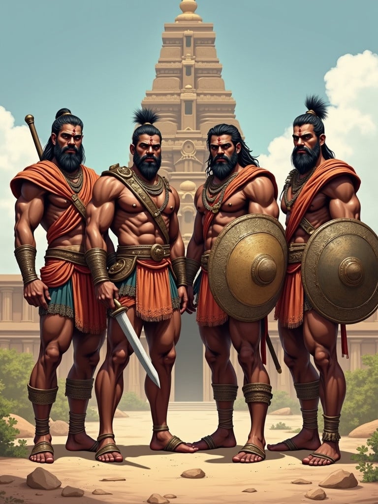 Illustration features four Tamil warriors standing together. They exhibit muscular physiques. They wear traditional armor and carry shields. The scene is set against an ancient temple. The warriors symbolize strength and camaraderie.