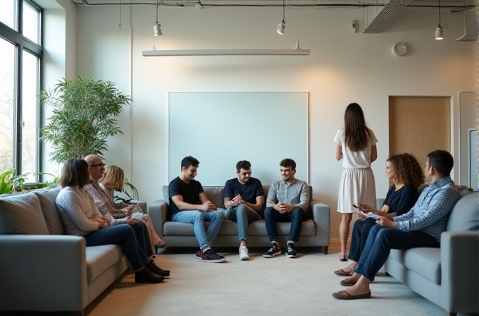 A group of people sit on sofas in a bright room, with one person standing and speaking.