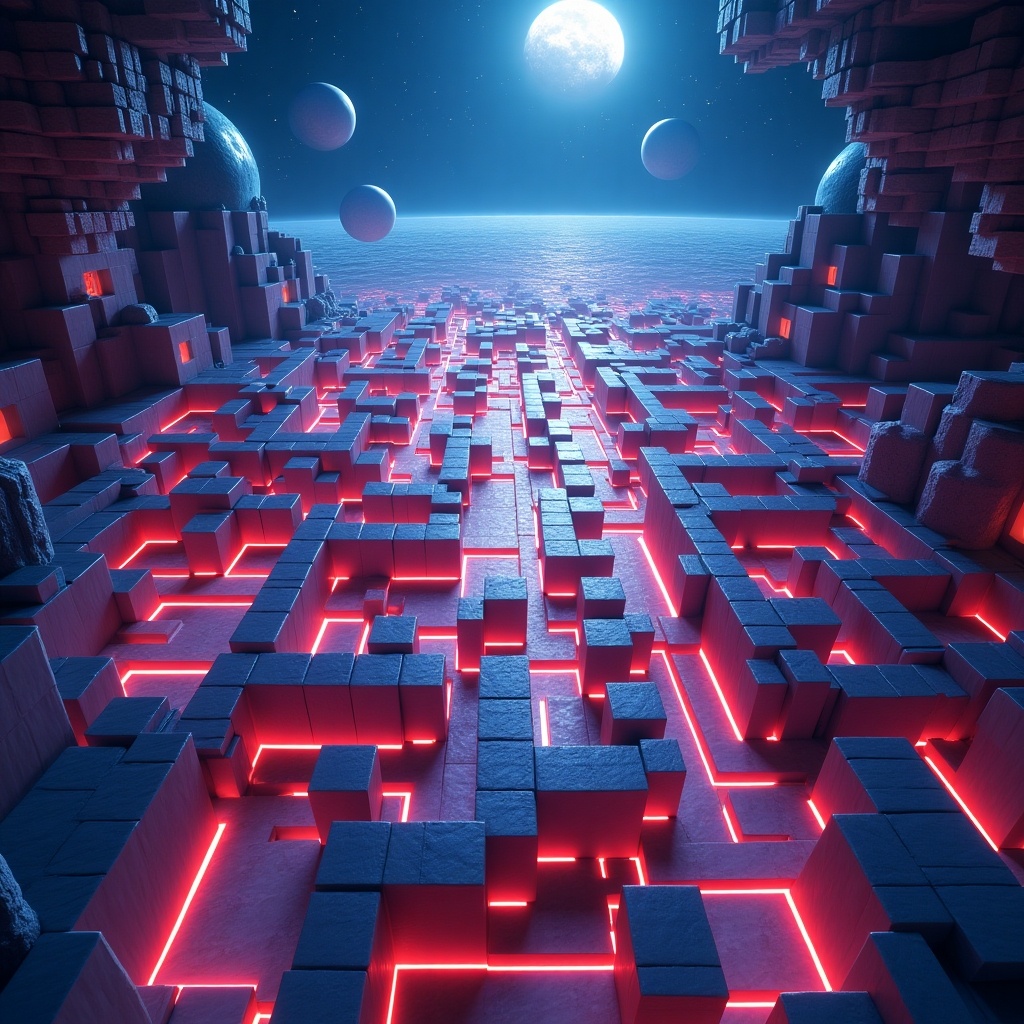 The image presents a vast animated interior resembling a glowing 3D maze that draws inspiration from Minecraft. This maze is set in a cosmic environment, floating amidst space with radiant neon pathways that form the letters of the alphabet. Surrounding the maze are pixelated planets and glowing stars, creating a vibrant and colorful atmosphere. The background features a sci-fi ocean, adding depth to the scene. Overall, it combines elements of fantasy and futuristic design, appealing to digital art enthusiasts.