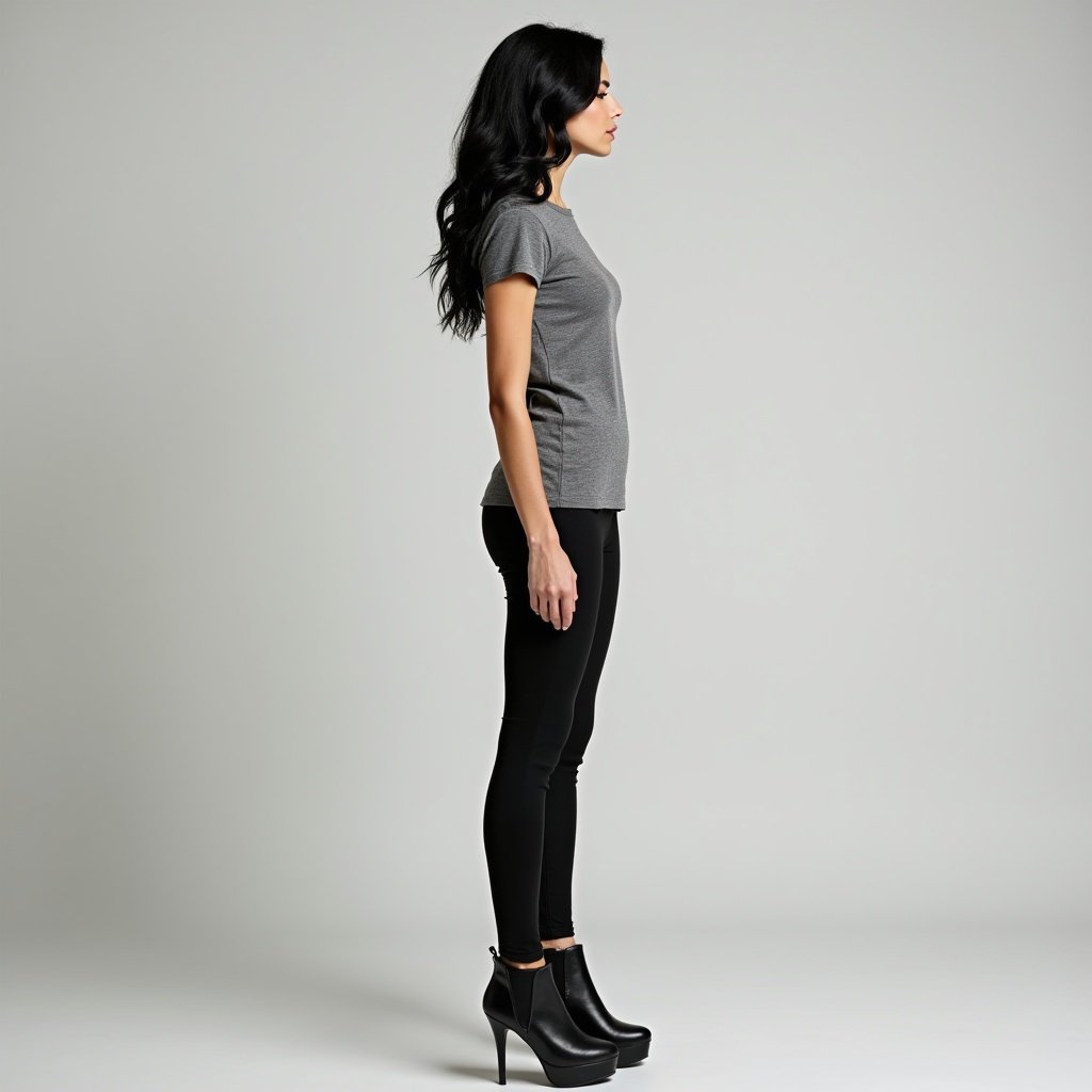 Photo of a slim woman standing in profile. She has black wavy hair. Wearing gray tight shirt and black leggings. Footwear is dark heeled ankle booties.