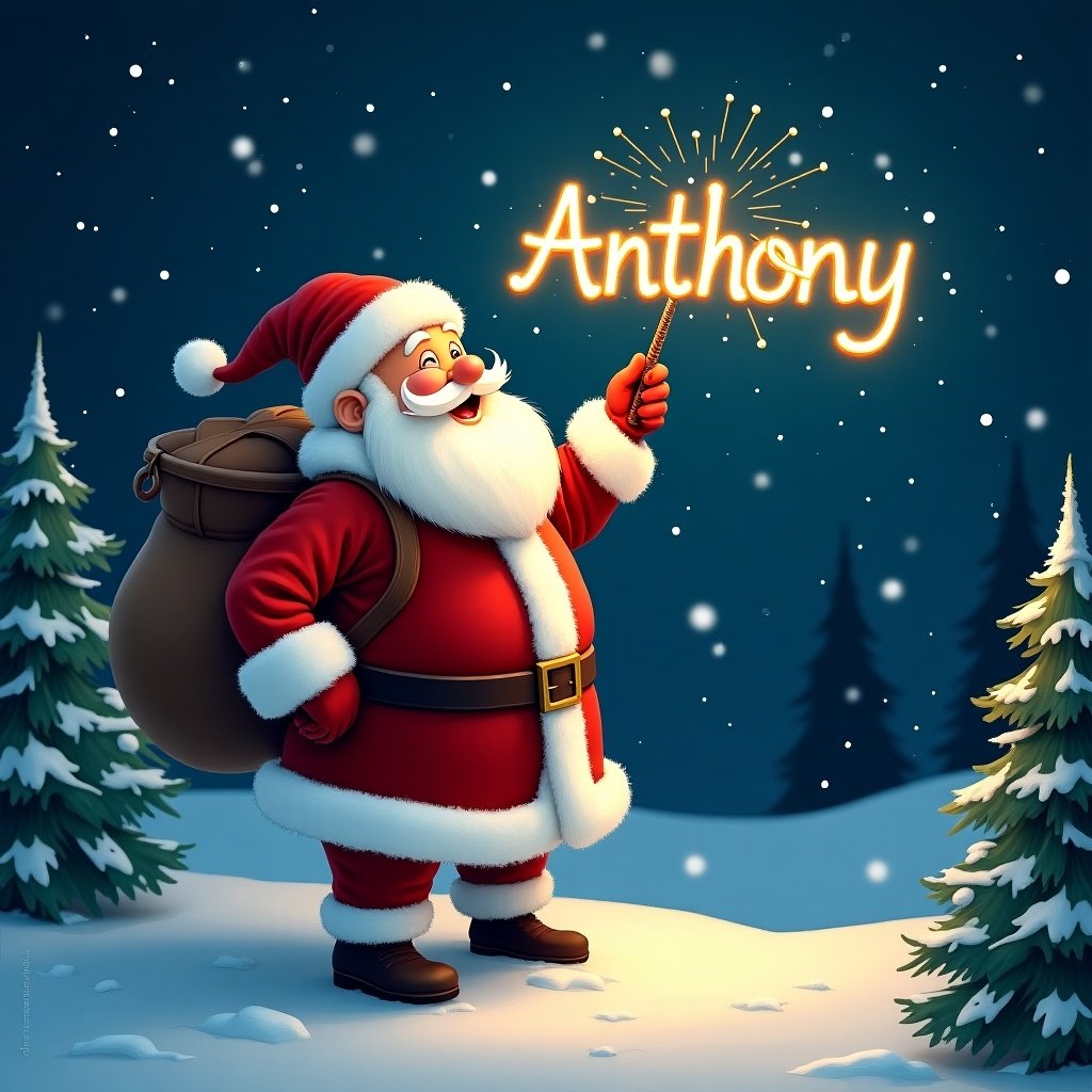 Santa Claus in a red and white suit writing the name 'Anthony' with a sparkler in the night sky. Snow covers the ground and evergreen trees surround him. The scene conveys a magical and festive mood.