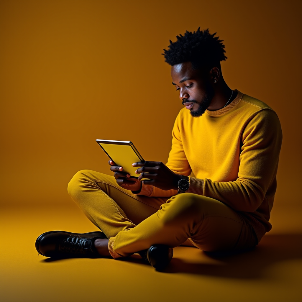 A person in yellow attire is sitting cross-legged, intently reading a tablet against a matching yellow background.