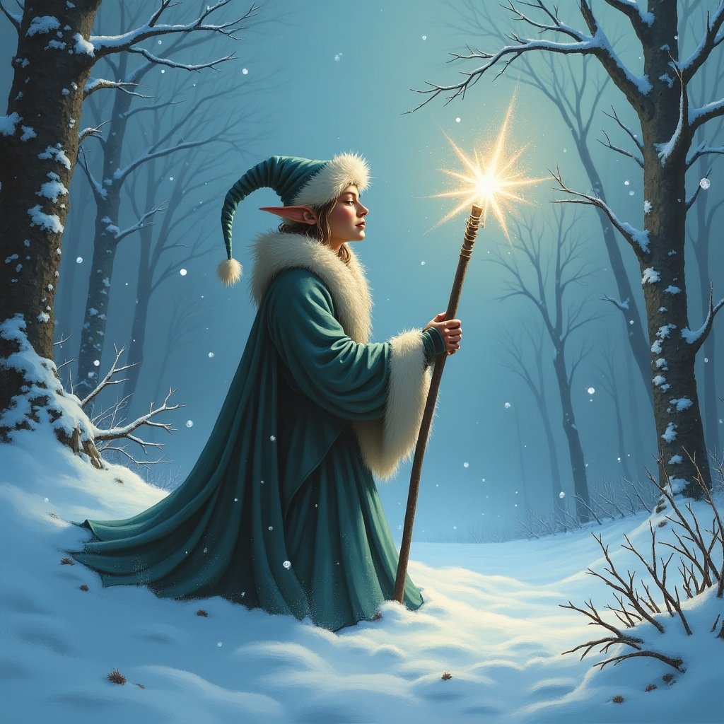 Elf in a snowy forest wearing a green robe with a fur trim. Elf holds a glowing wand creating a magical star effect. Soft snow falls around the scene.