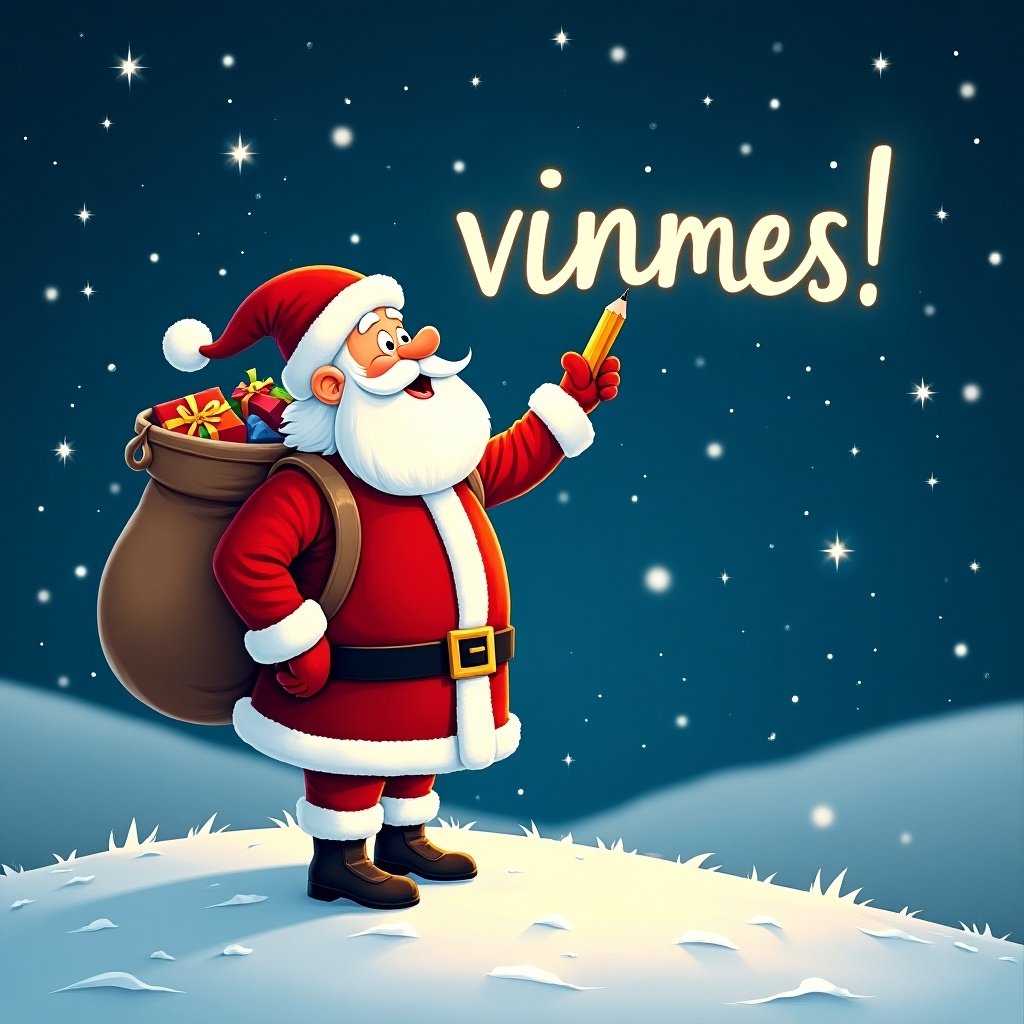 Santa Claus stands on a snowy hill under a starry night sky. Santa holds a pencil looking up while writing vinnes in the sky. Dressed in red and white with a large sack of gifts.