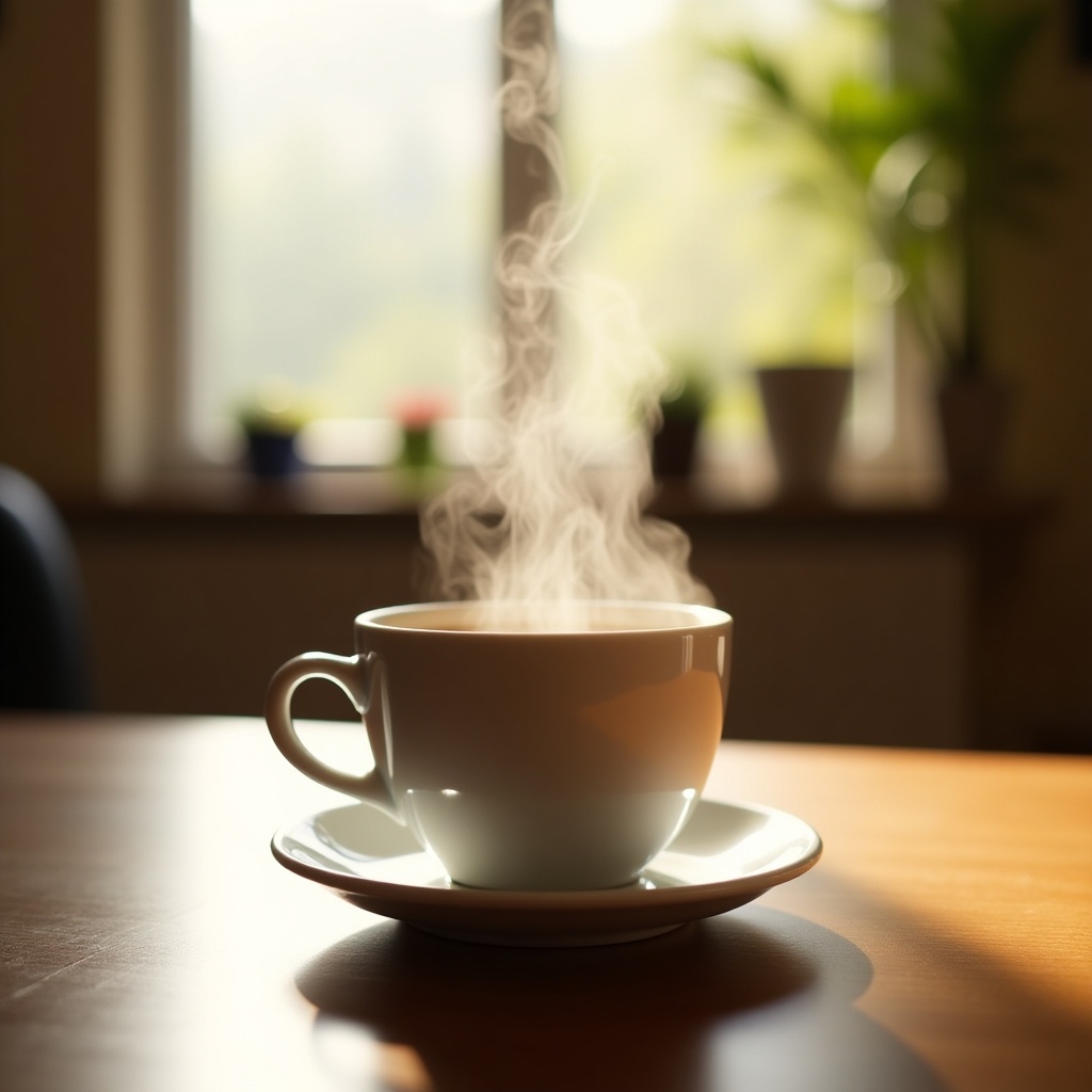 Image of a steaming cup of coffee on a wooden table. Background blurred with soft focus. Natural light from a window creates a warm atmosphere. Small saucer under the cup. Steam rising from coffee suggests freshness. Cozy moment of enjoying hot beverage.