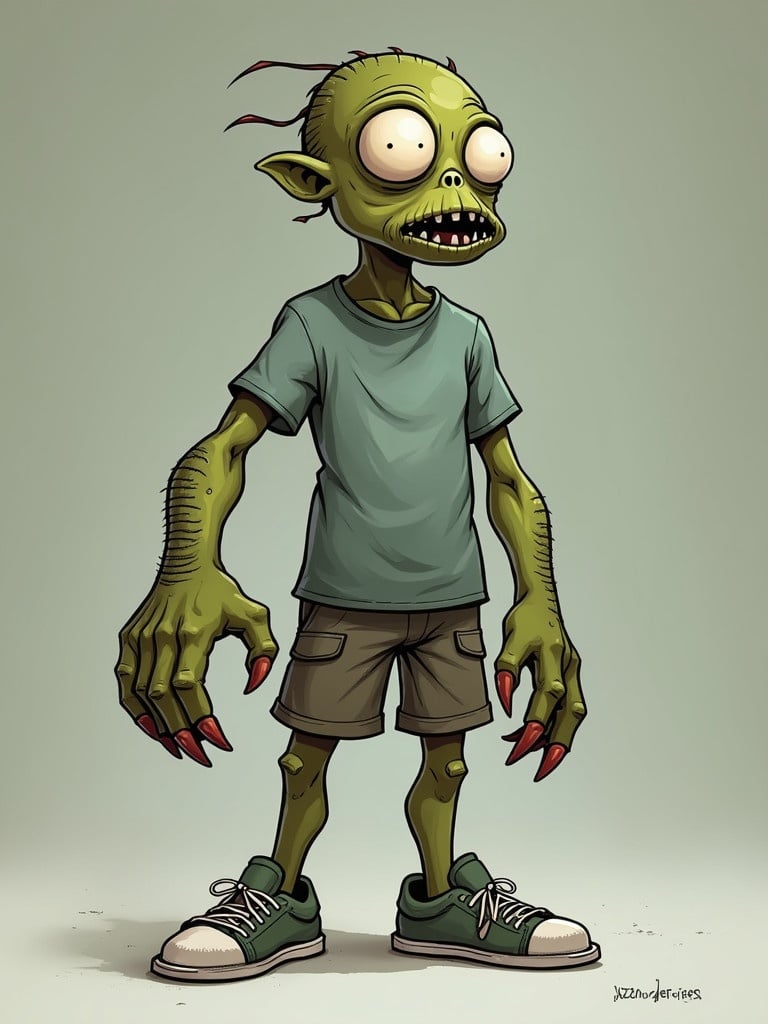 Creepy cartoon male mutant human has three eyes. Left hand is a mutant flipper with scales and claws. Wearing a t-shirt, short pants, and sneakers. Stylized character with exaggerated features.