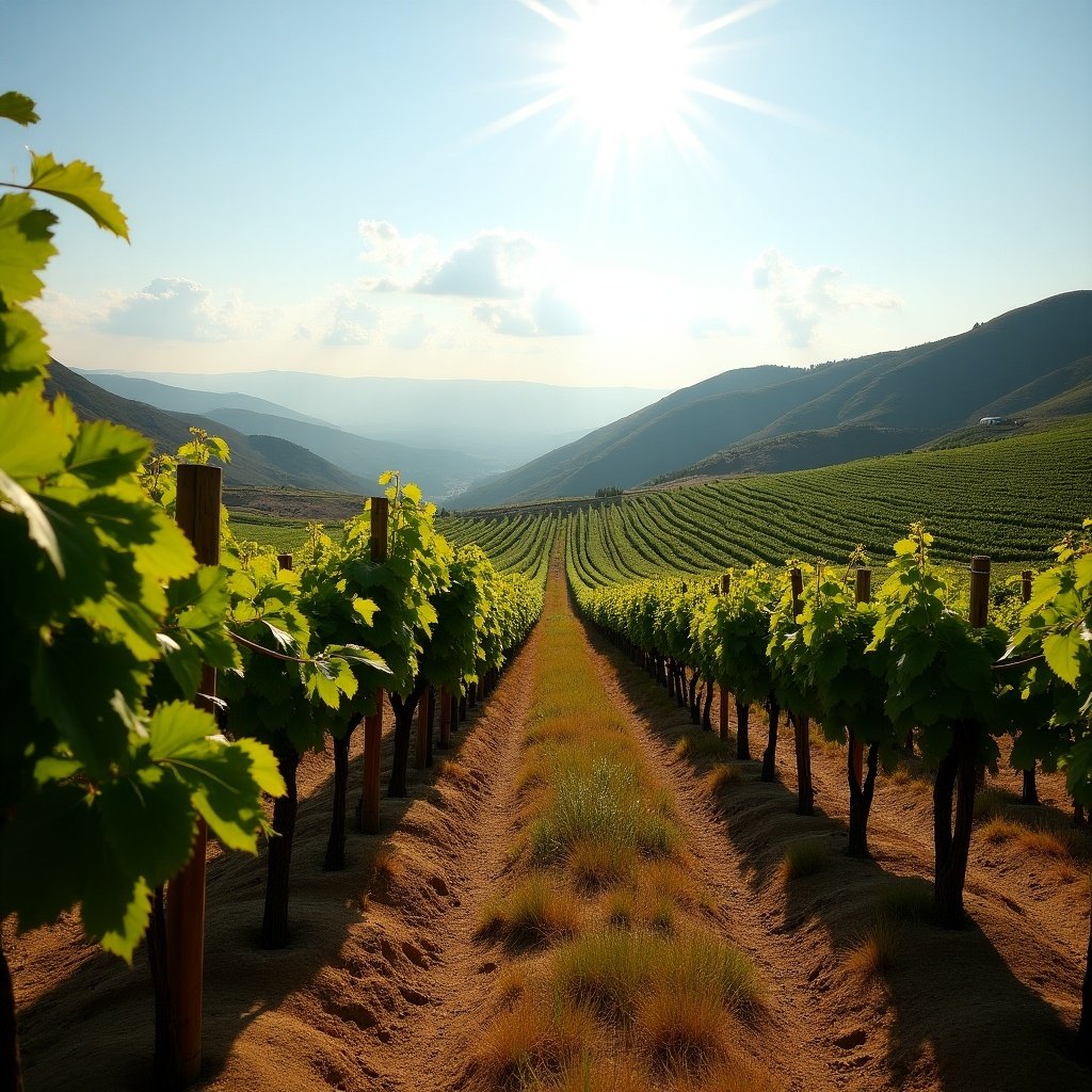 Sunny vineyard located in Lebanese mountains. Rows of grape vines stretch toward the mountains.