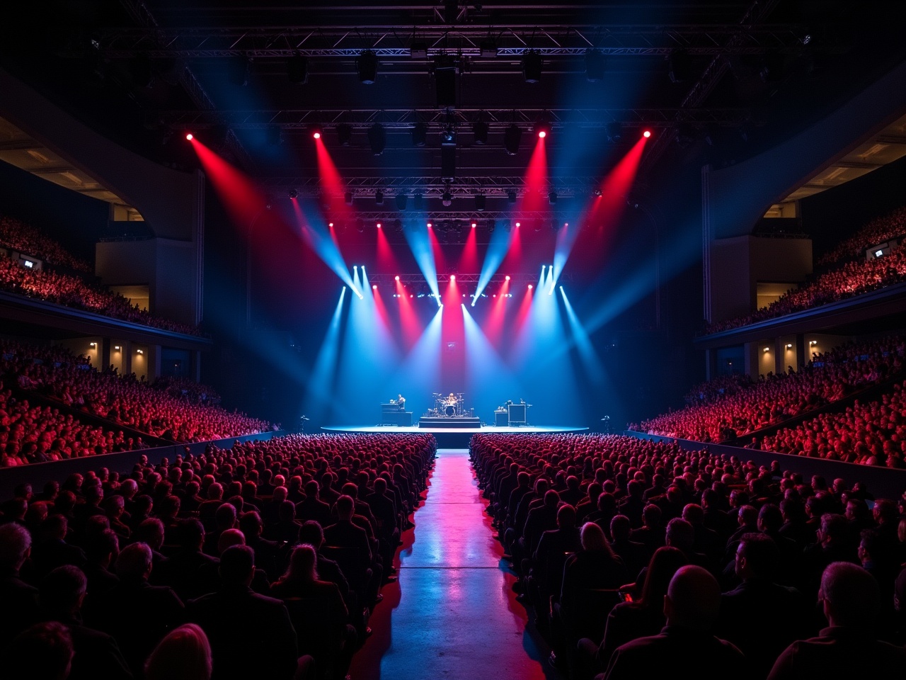 The image captures a vibrant concert scene, showing a packed Madison Square Garden filled with an enthusiastic audience. Bright red and blue lights illuminate the stage where the band performs. The view is from a high vantage point, resembling a drone shot, showcasing a unique perspective of the event. There’s a runway extending from the main stage, creating an engaging setup for the performers. The atmosphere is electrifying with palpable excitement from the crowd.