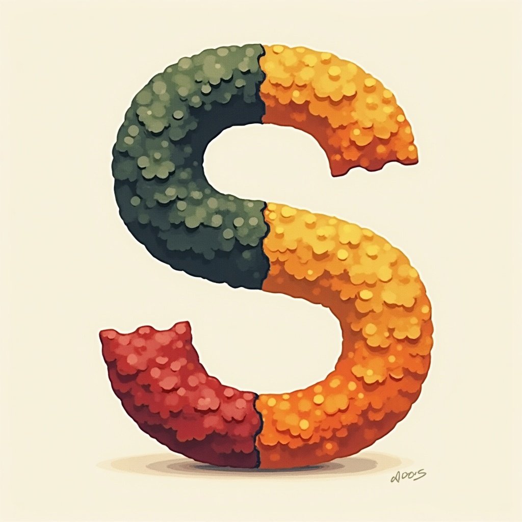 Combining the letter S with vibrant colors and textures. Letter S features green, orange, and red elements. Artistic and playful representation of the letter.