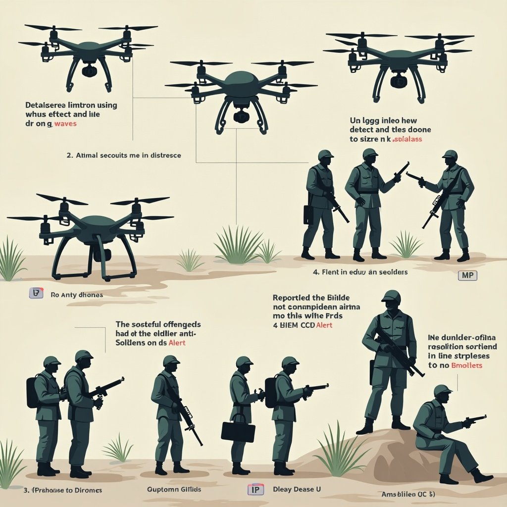 Illustration of anti-drone operations. Steps show detection of drones via signals. Information relayed to soldiers on the battlefield. Drone position reported and shared. Soldiers receive alerts about drone locations.