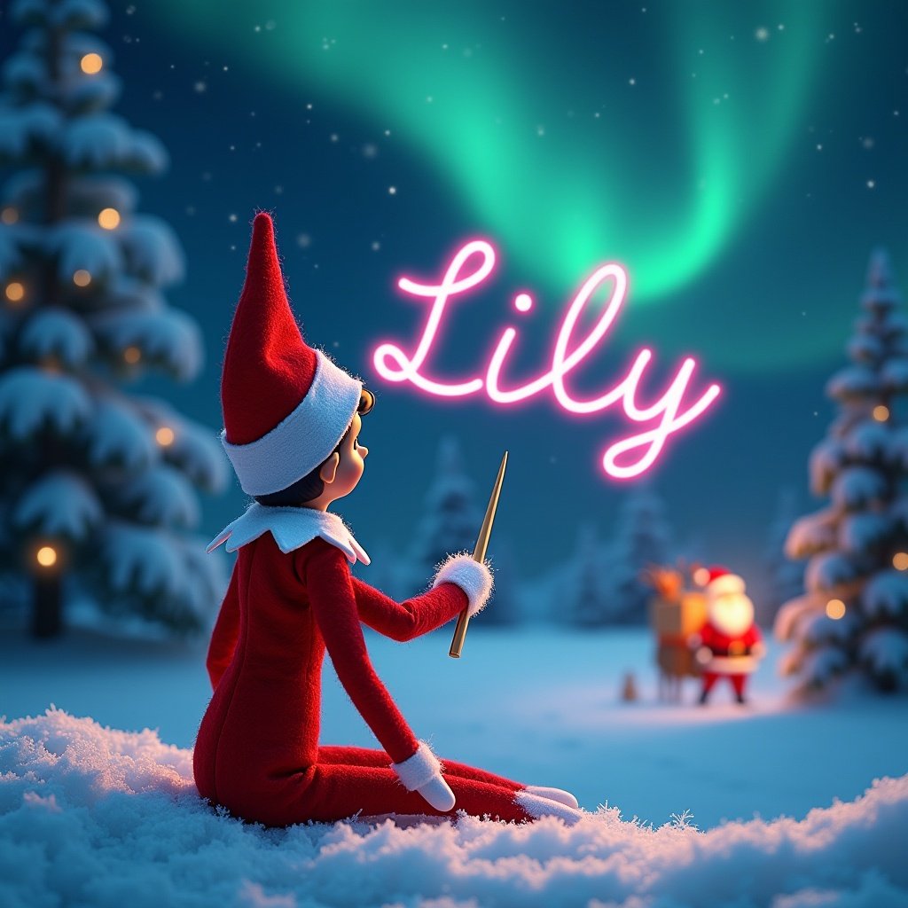 Enchanting Christmas scene with a girl elf. The elf sits facing away, gazing up. It uses a wand to write 'Lily' in pink in the night sky. Beautiful northern lights adorn the background. Distant image of Santa Claus appears. Snow covers the ground, creating a serene winter landscape.