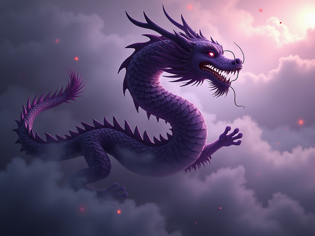 The image depicts a dark purple Chinese long dragon soaring through a cloudy atmosphere. Its scales glisten in shades of dark purple, creating an enchanting visual. The dragon's fierce eyes glow with an intense red light, adding to its menacing charm. Its long body twists elegantly among the swirling clouds, evoking a sense of majesty and power. The background features a dramatic sky illuminated by soft lighting, enhancing the fantastical elements of the scene.