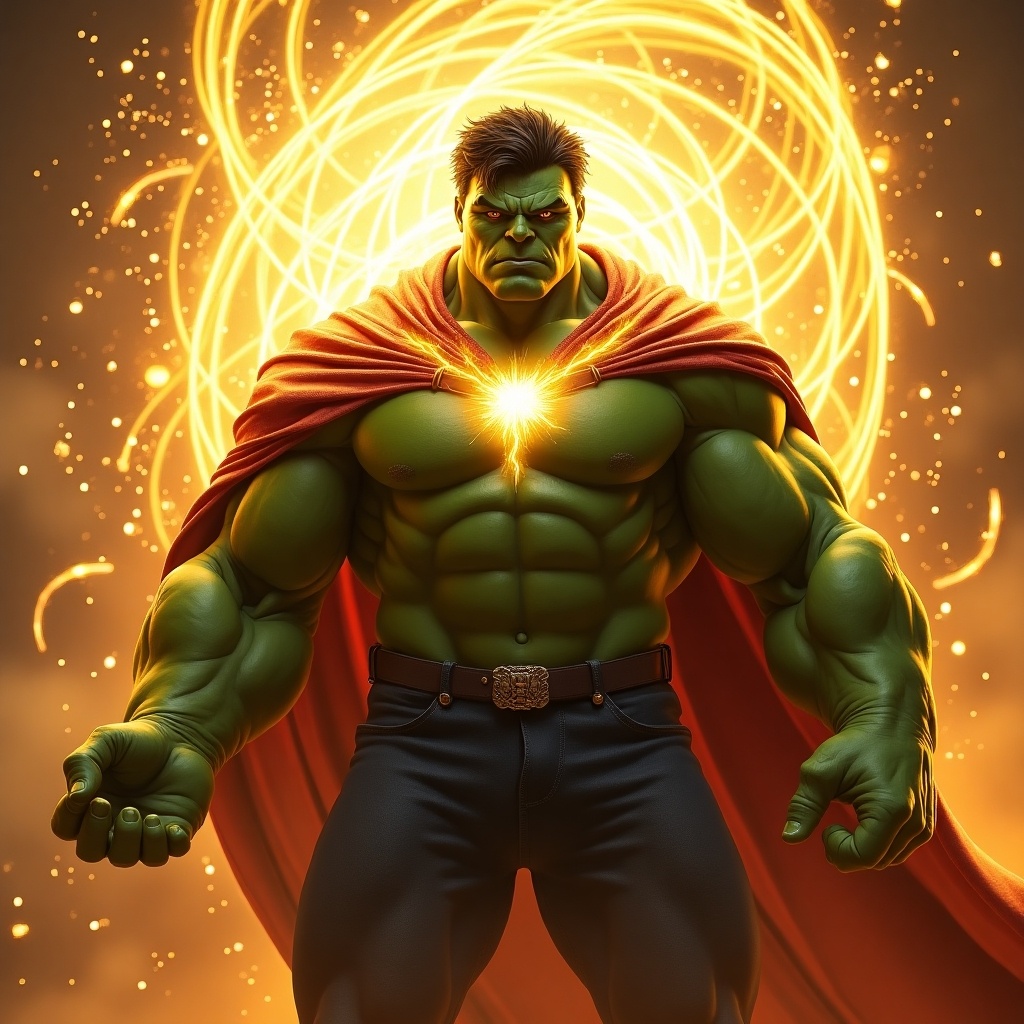 A muscular superhero wearing a red Sorcerer Supreme's cloak. Shimmering golden-orange magical energies swirl around him. The background showcases a multidimensional cosmic space with vibrant colors.