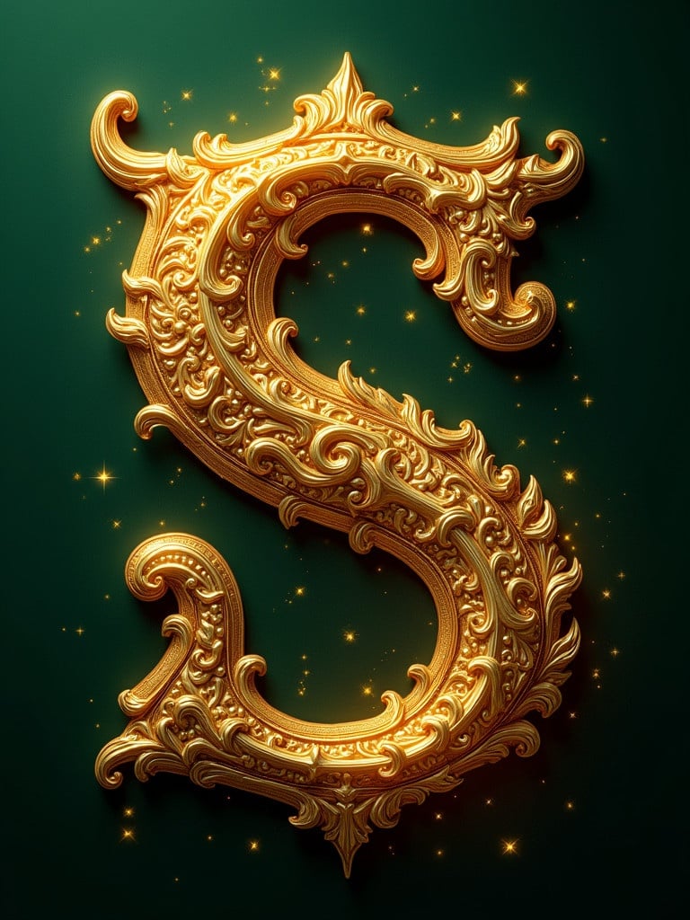 A letter 'S' designed with rich golden embellishments. Intricate designs surround the letter. Dark green background enhances the elegance. Soft glowing particles add sparkle effects.