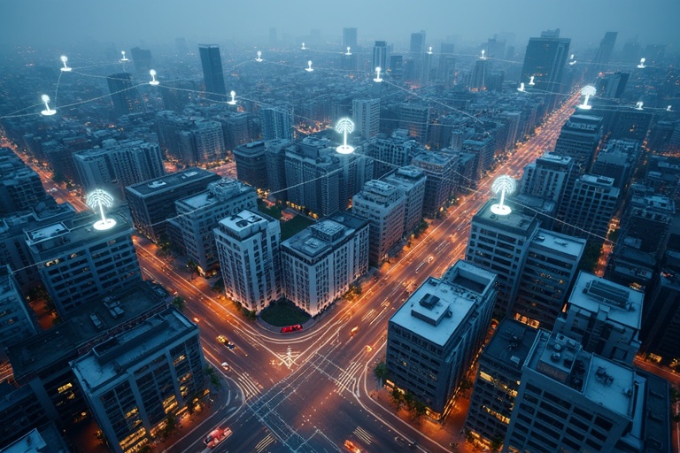 Dense cityscape at dusk with illuminated streets Wi-Fi signals connecting buildings Graphic representation of urban connectivity Aerial perspective showcases technology integration