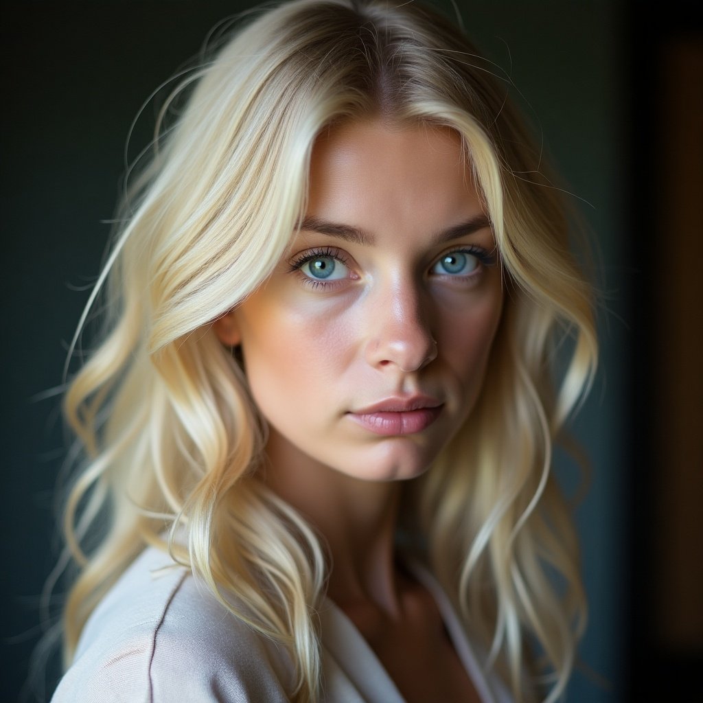 Realist blonde hair girl with blue eyes. Portrait with soft lighting and slightly side profile view.