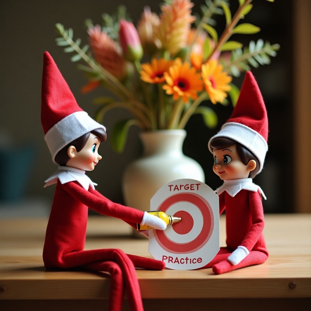 Elf on the shelf sitting with back to viewer. Elf holding mustard bottle. Elf aims mustard at another elf holding bullseye paper. Scene on wooden table with Australian flowers in background.