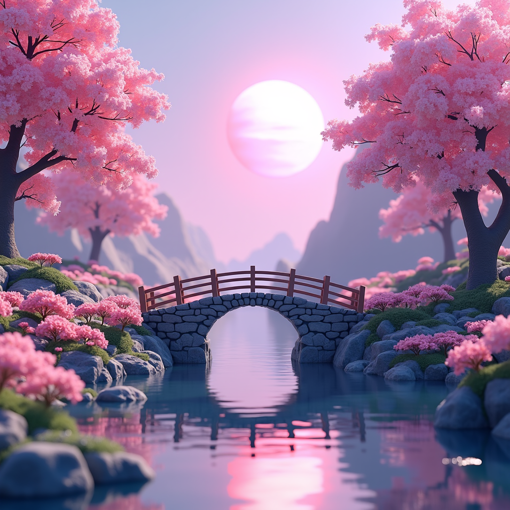 A serene pink-hued landscape features cherry blossom trees, a stone bridge over water, and a soft, glowing sun.