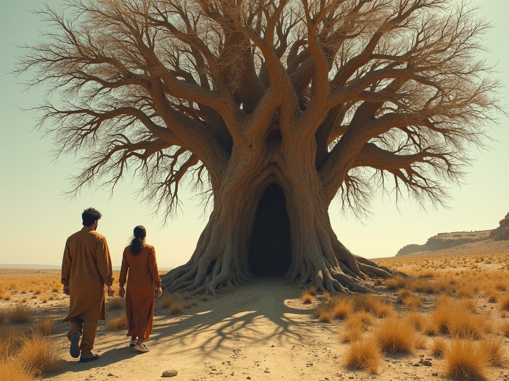 The image depicts a vast desert landscape with a couple walking towards a massive, ancient tree with a gaping opening at its base. The tree is intricately detailed, with long, twisting roots and bare branches reaching out towards the sky. The couple, dressed in traditional clothing, appears to be on a journey of discovery, drawing the viewer's eye down the winding path leading to the tree. The sunlight casts warm hues over the scene, creating a serene and magical atmosphere. This image evokes a sense of wonder and adventure as one approaches the mystical tree.