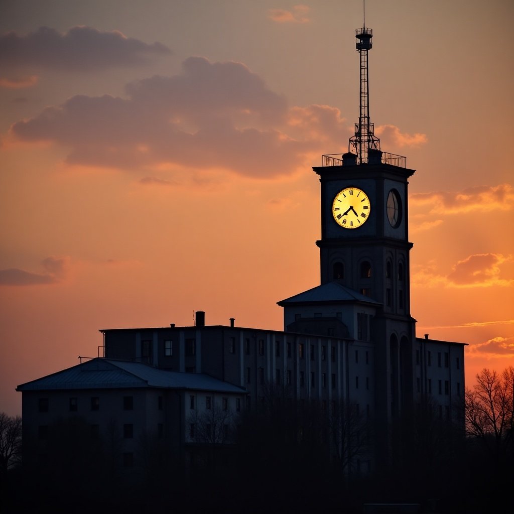 A factory building is silhouetted against a vibrant sunset sky. A clock tower on the factory is lit, showcasing the time. The scene captures the warm colors of dusk and the industrial architecture.