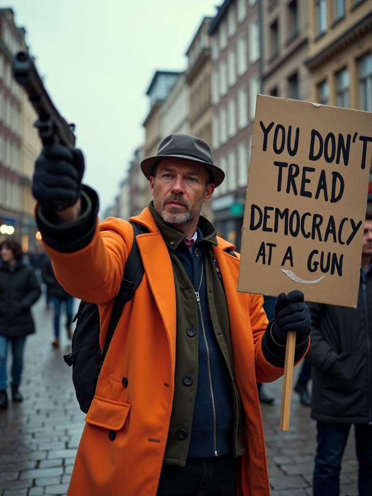 A man in an orange coat holds a protest sign and a toy gun in a crowded city street.