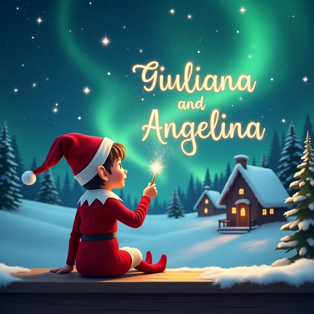 An elf sits on a wooden ledge, gazing at a magical nighttime sky filled with stars. The elf, adorned in a red outfit and pointed hat, holds a sparkling wand. With a flick of the wand, the elf elegantly writes the names 'Giuliana' and 'Angelina' in the sky. The background showcases a dreamy snowy landscape with quaint houses and evergreen trees. The shimmering Northern Lights add a touch of wonder to this enchanting scene. This image embodies the essence of Christmas magic and childhood innocence.