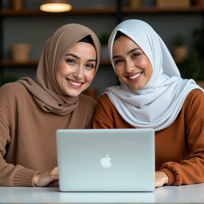 Two women in hijabs are smiling while using a laptop together.