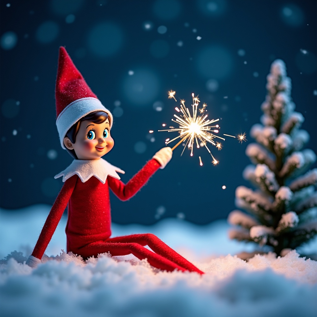 Elf on the Shelf character in a snowy landscape at night holding a sparkler with a festive atmosphere.