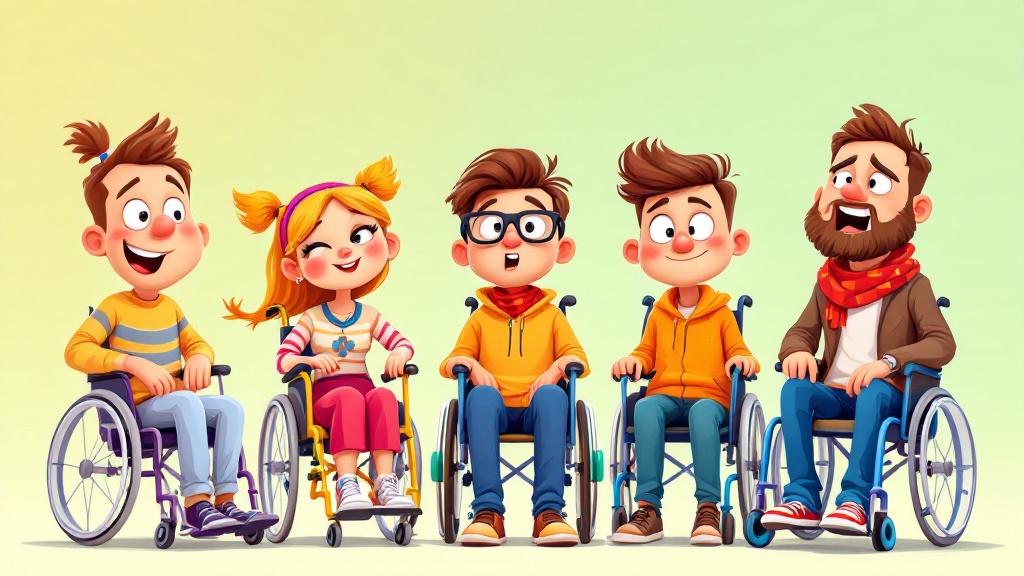 Funny cartoon people in wheelchairs. Male and female characters. Comic style design. Flat vector illustration. Group of friends enjoying togetherness.